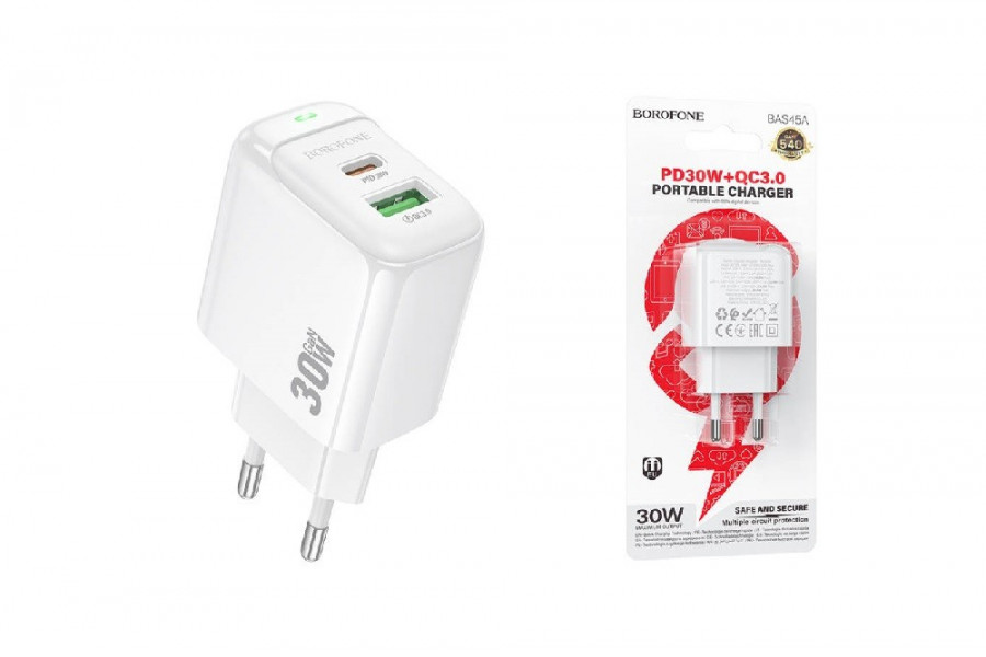СЗУ BOROFONE BAS45A Type-C Lightning PD30W+QC3.0 белый