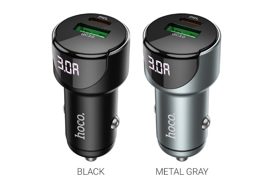 АЗУ Hoco Z42 Light road dual port digital display PD20W+QC3.0 car charger, серый