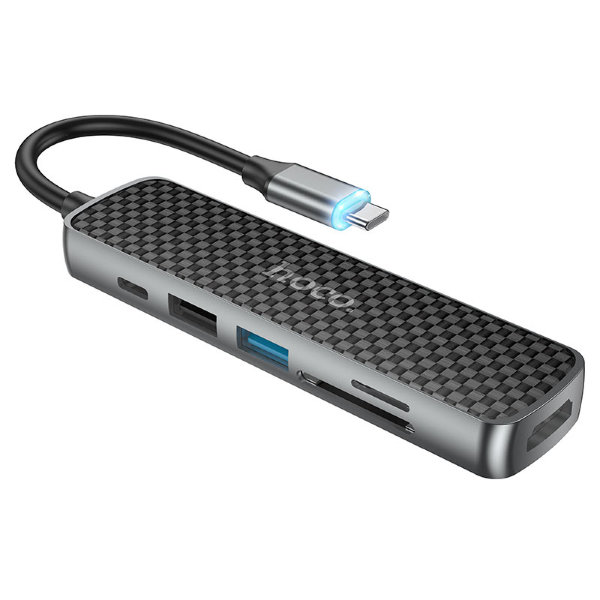 USB HUB HOCO HB24 Type-C (HDMI+USB3.0+USB2.0+SD+TF+PD) серый металл